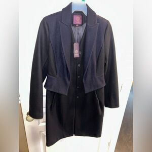 NWT Marchesa Voyage Wool Black and Navy Peplum Coat. Size 2